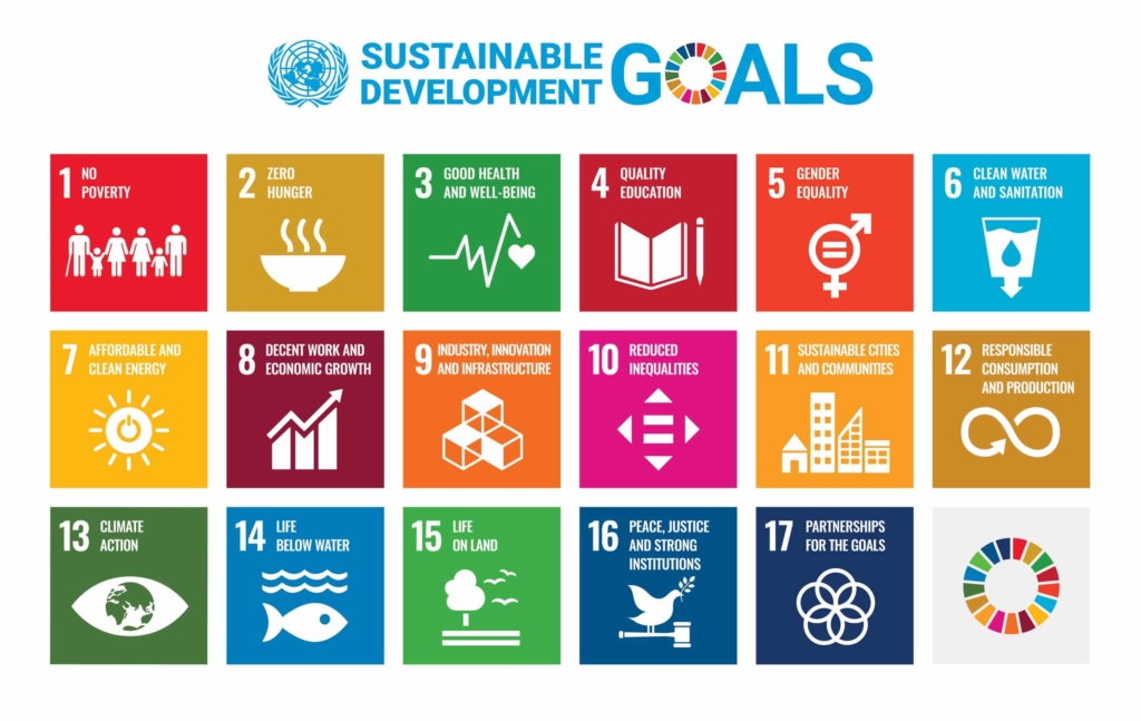 A grid representing the 17 different Sustainable Development Goals each with their own number, icon and colour